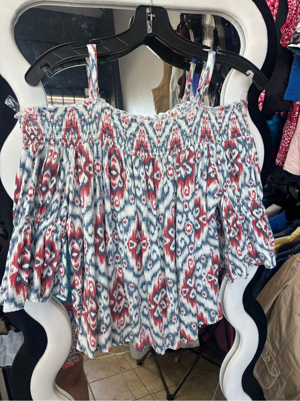 CATO White Red and Blue Off-Shoulder Smocked Blouse